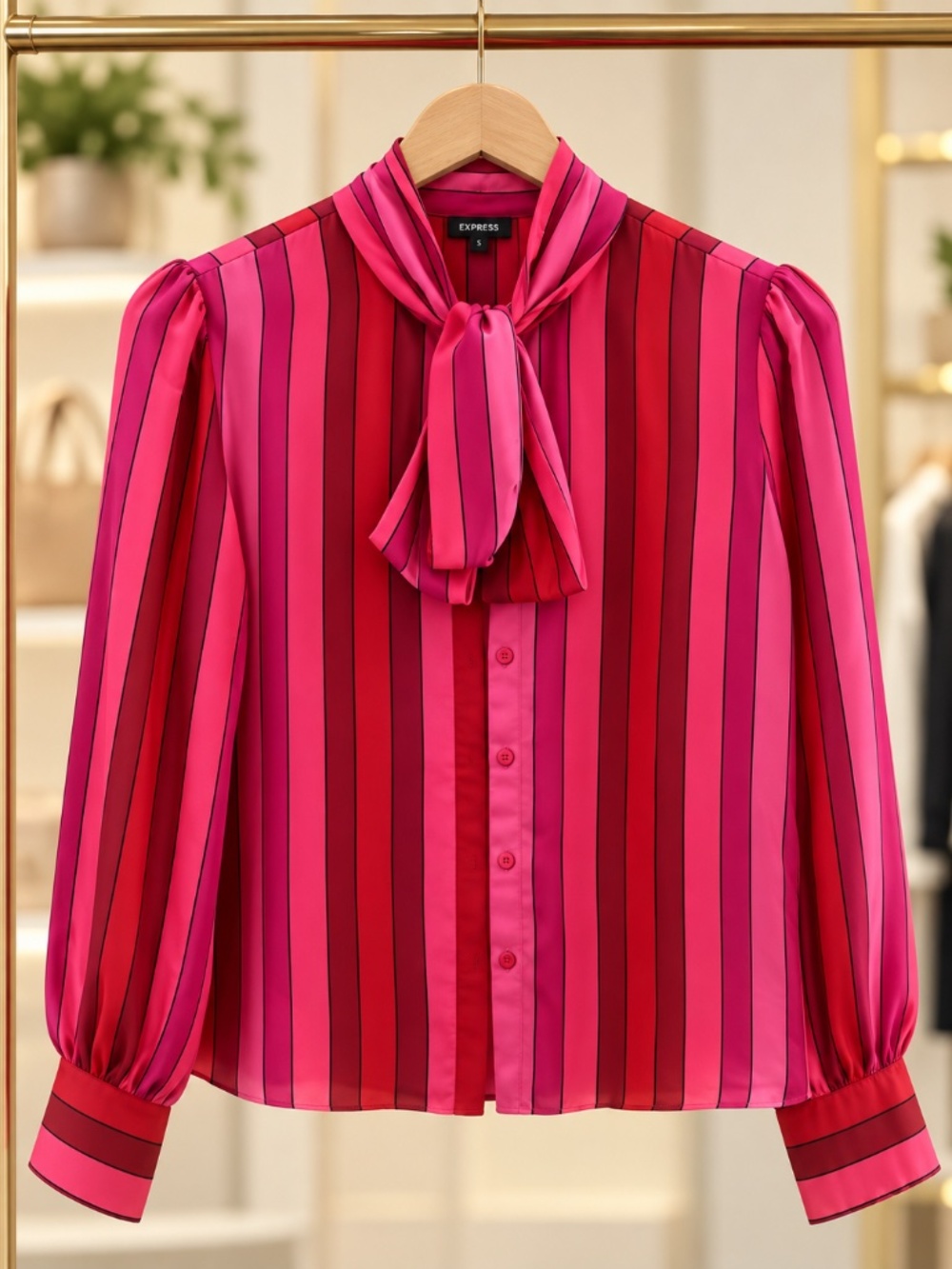 Express Pink Striped Satin Tie Neck Blouse Size Small